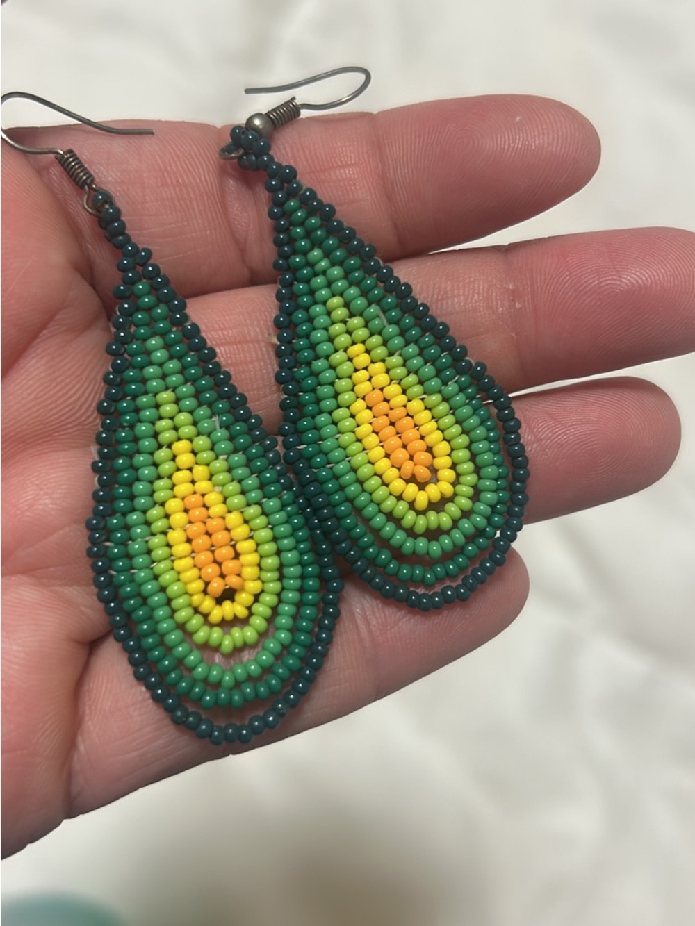 Handmade Beaded Teardrop Earrings in Green and Yellow